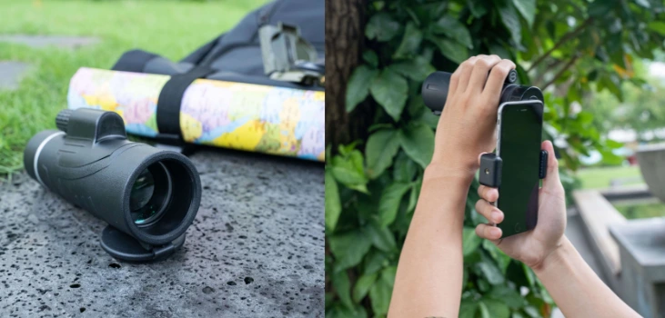 Starscope placed on a rock and guy connecting it to smartphone